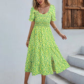 Split Swing Short Sleeve Floral Print Scoop Neck Plus Size Beach Boho Dress